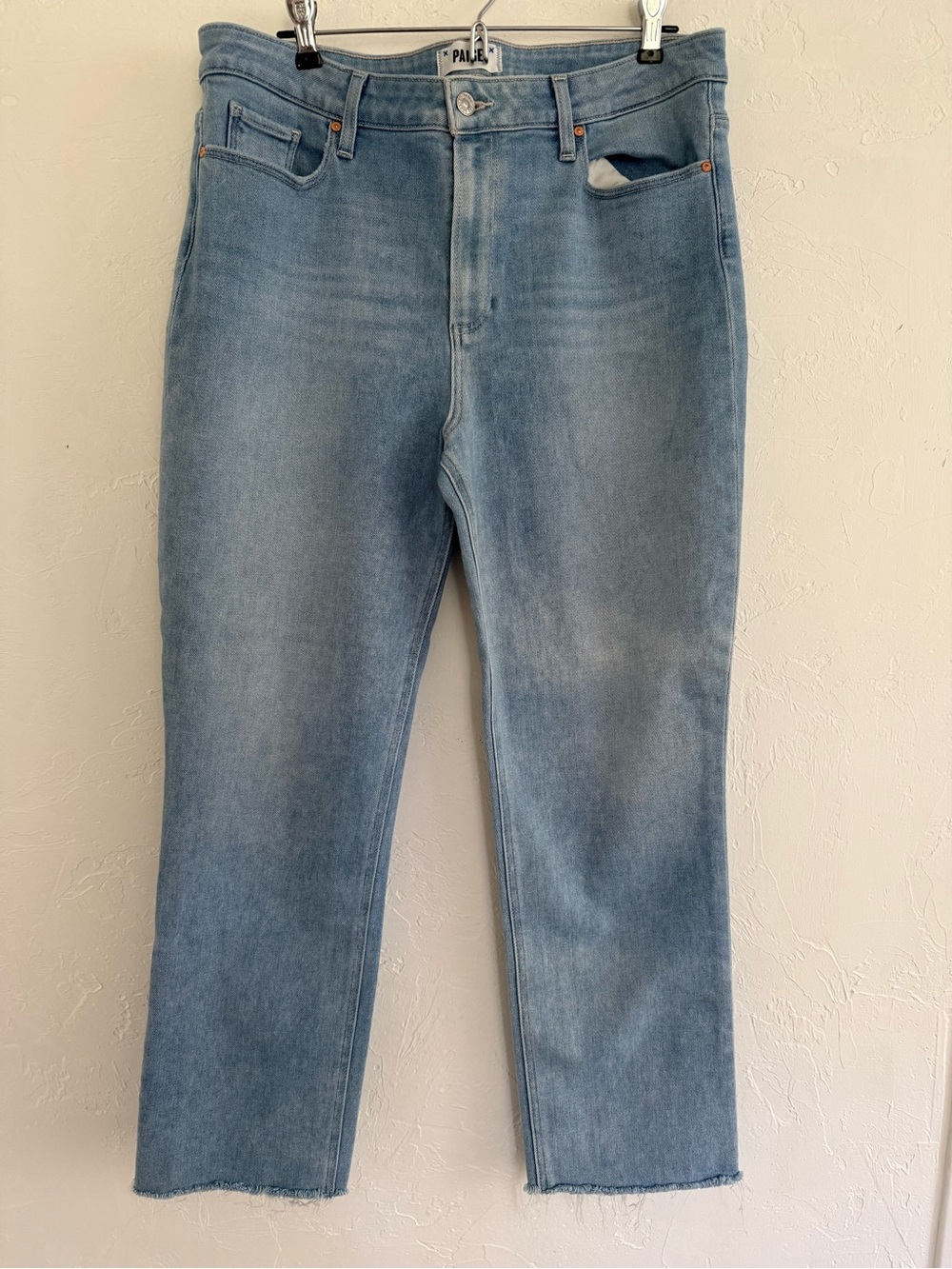 PAIGE Cindy High Rise Straight Leg Jeans Light Wash Raw Hem Size 33
